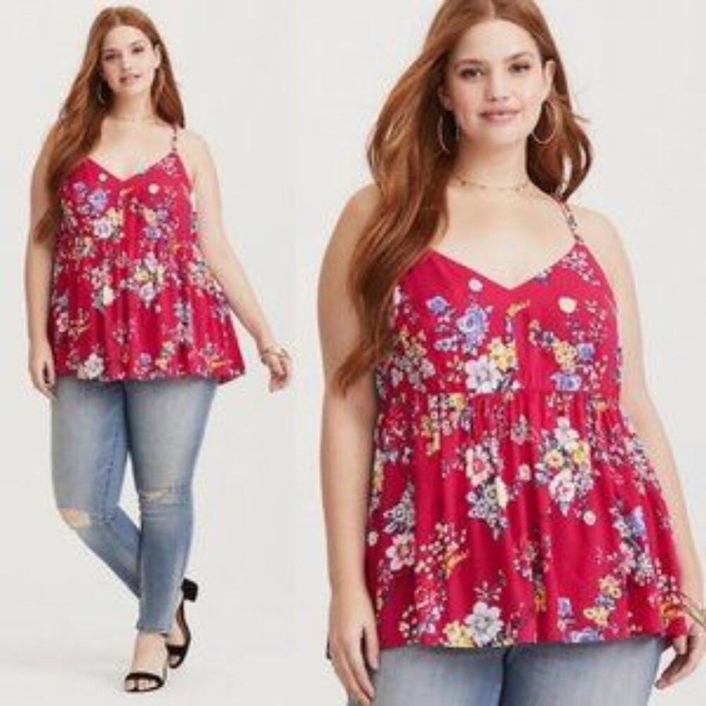 Torrid Floral Pink Challis Babydoll Tank Top Blouse Size 0/12